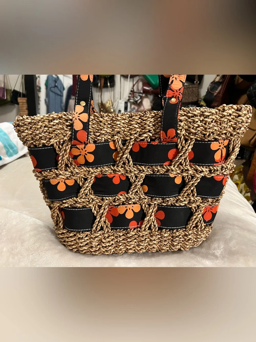 Caribelle Batik St Kitts Straw Woven Floral Beach Tote Bag & Pouch Set